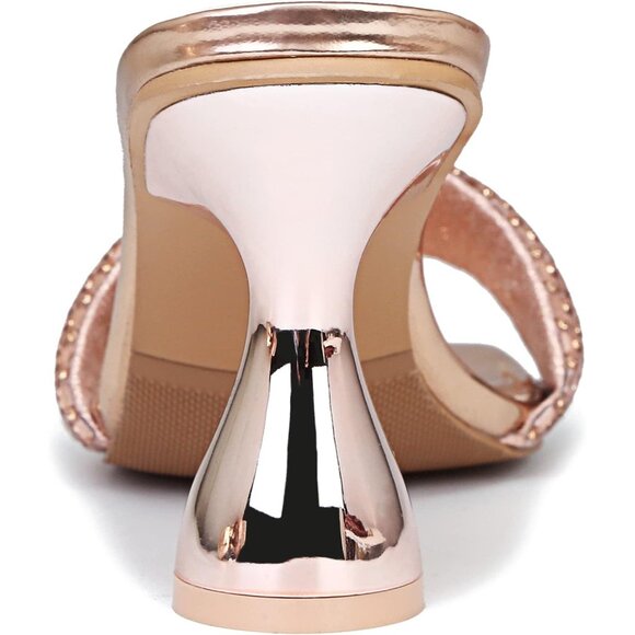 Women's Champagne Rhinestone Chunky Heel Open Toe Slip On Slides Kitten Heels - Picture 5 of 6